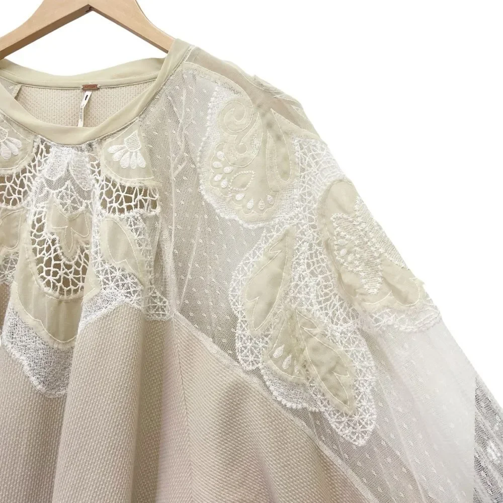 Free People Toni Boho Tunic Beige Lace Thermal Flowy Oversized Top Size Small